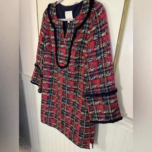 SAIL TO SABLE Red Navy Yellow Tartan Tunic Fringe Dress NWT Size Small - Picture 5 of 9